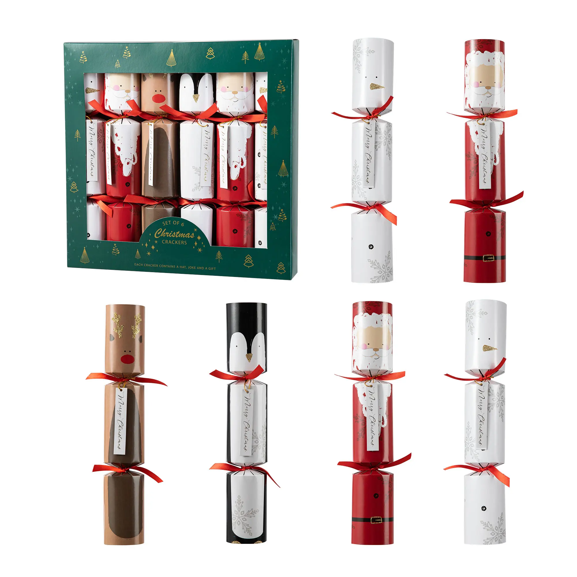 Glitzhome 6PK 2''D X 12.00''H Christmas Santa, Snowman, Penguin & Reindeer Party Cracker with Gift Contents