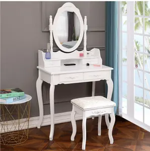 Elegance White Dressing Table Vanity Table and Stool Set Wood Makeup Desk with 4 Drawers & Mirror