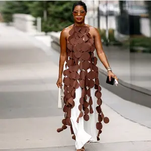 Women Sleeveless Solid Brown Halter Neck Backless Top with Tie-Wrap, Lace-Up Design, Casual Style, Soft Polyester Fabric - Womenswear, Comfortable