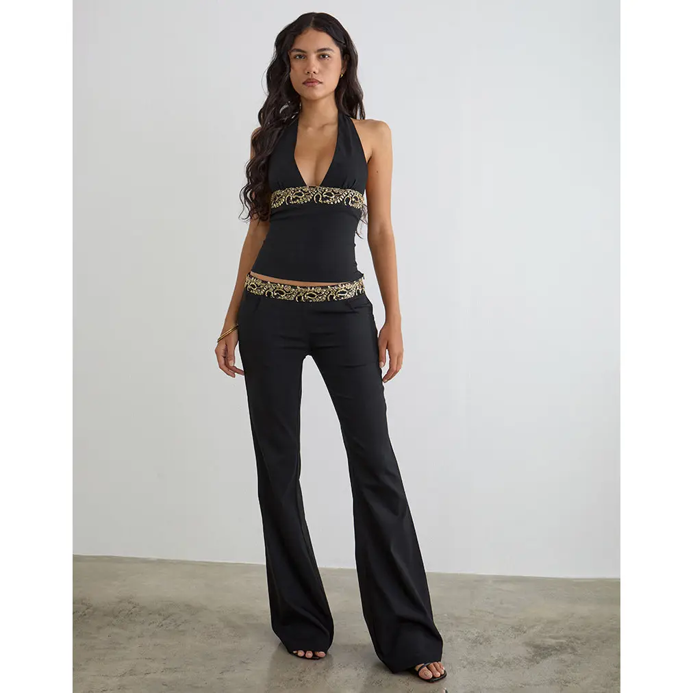 Rosimo Flare Trouser in Black with Embroidered Sequin Trim
