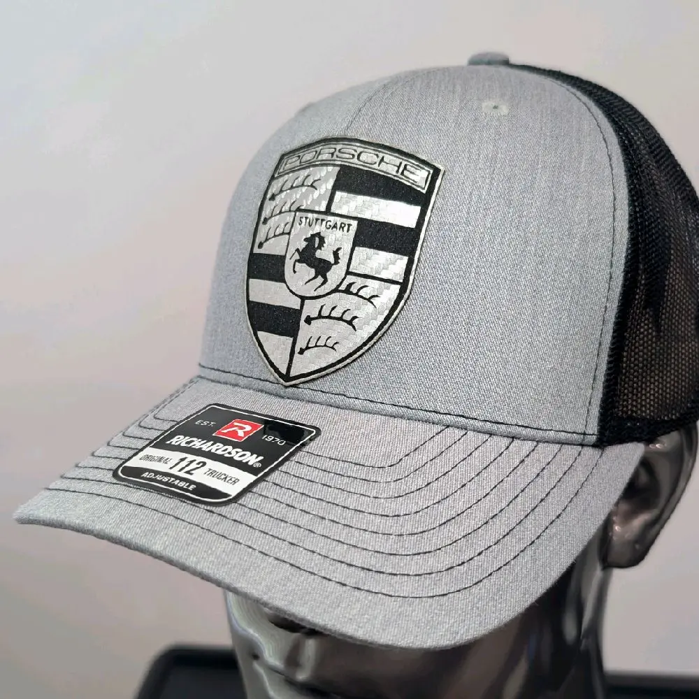 Porsche Inspired Silver Carbon Fiber Leather Richardson 112 Trucker Hat