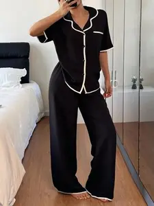 Pink Pajama Set with Wavy Collar & Black Trim | Elegant & Chic & Minimalist Aesthetic | Short Sleeve & Long Pants | Lightweight Waffle Texture | Versatile Loungewear
