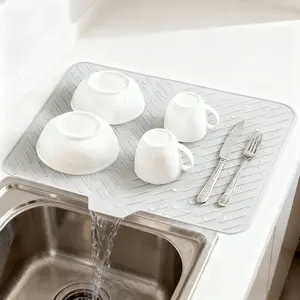 New Grayish White Color Arrival Silicone Large Size Dish Drying Mat with Built-in Drain Lip Dish Drainer Mats for Kitchen Counter Easy-Clean High Temperature Resistance Coasters Nonstick Sheet Pan Nonstick Grill Pan