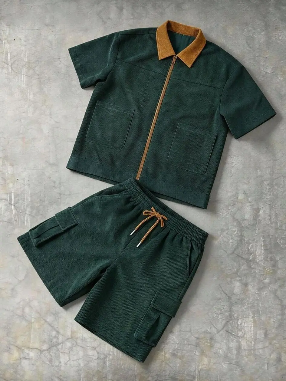 Men's 2 piece sets - Men's Olive Green Corduroy Set, Short Sleeve Button-Up Shirt & Cargo Shorts, Casual Summer Outfit men shorts summer clothing trending clothing trending clothes male clothing shorts for the summer men 2 piece sets vacation outfits