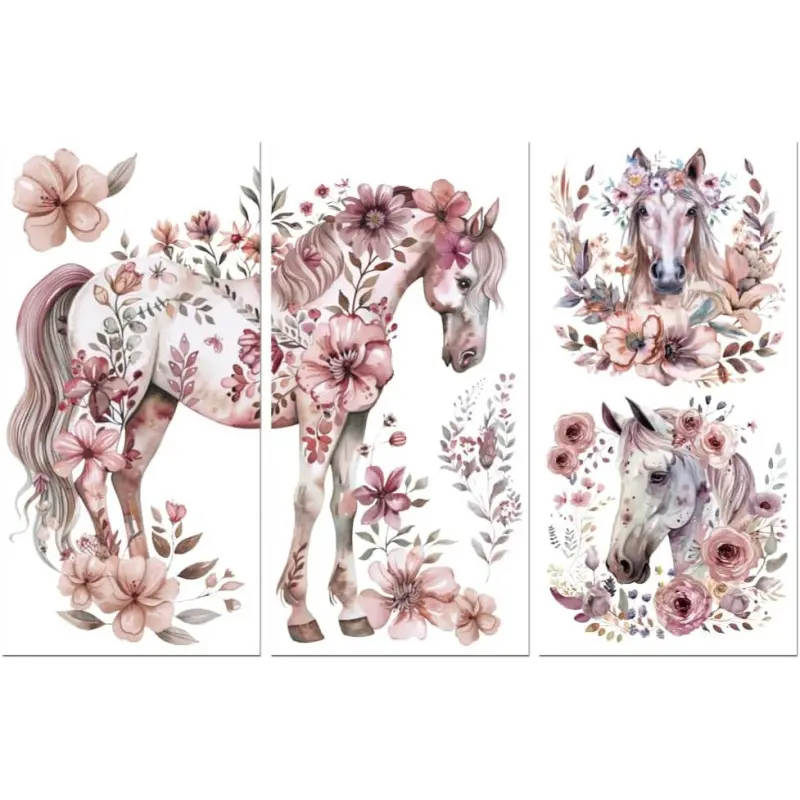 Rub on Transfer Decals for Furniture Crafts 6"x12", 3Pcs Dreamy Horse with Flower Waterproof UV DTF Transfer Decals Sticker for Dresser Lingerie Chests Drawer Glass Porcelain