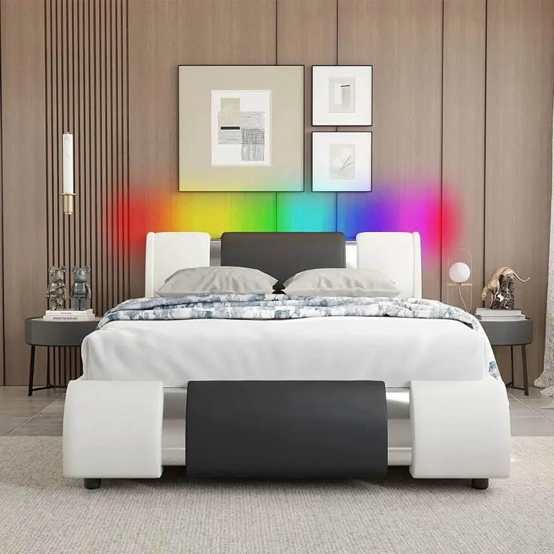 Queen Full Size Modern LED Bed Frame Upholstered Platform Bed with Headboard