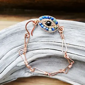 Copper Herringbone Teardrop Evil Eye Bracelet Wire Wrapped Gemstone Beaded Link Healing Jewelry for Women