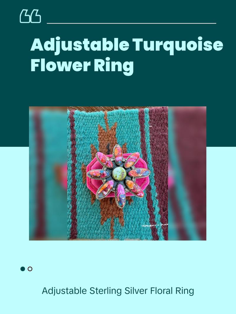 Nizhoni Handmade Pink Dream Mojave, Palomino Turquoise & Sterling Silver Adjustable Flower Ring