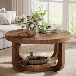 TRIBEWOOD Round Coffee Table, 2-Tier Circle Coffee Table with Storage, Modern Wooden Accent Center Table for Living Room, Thick Tabletop & Base