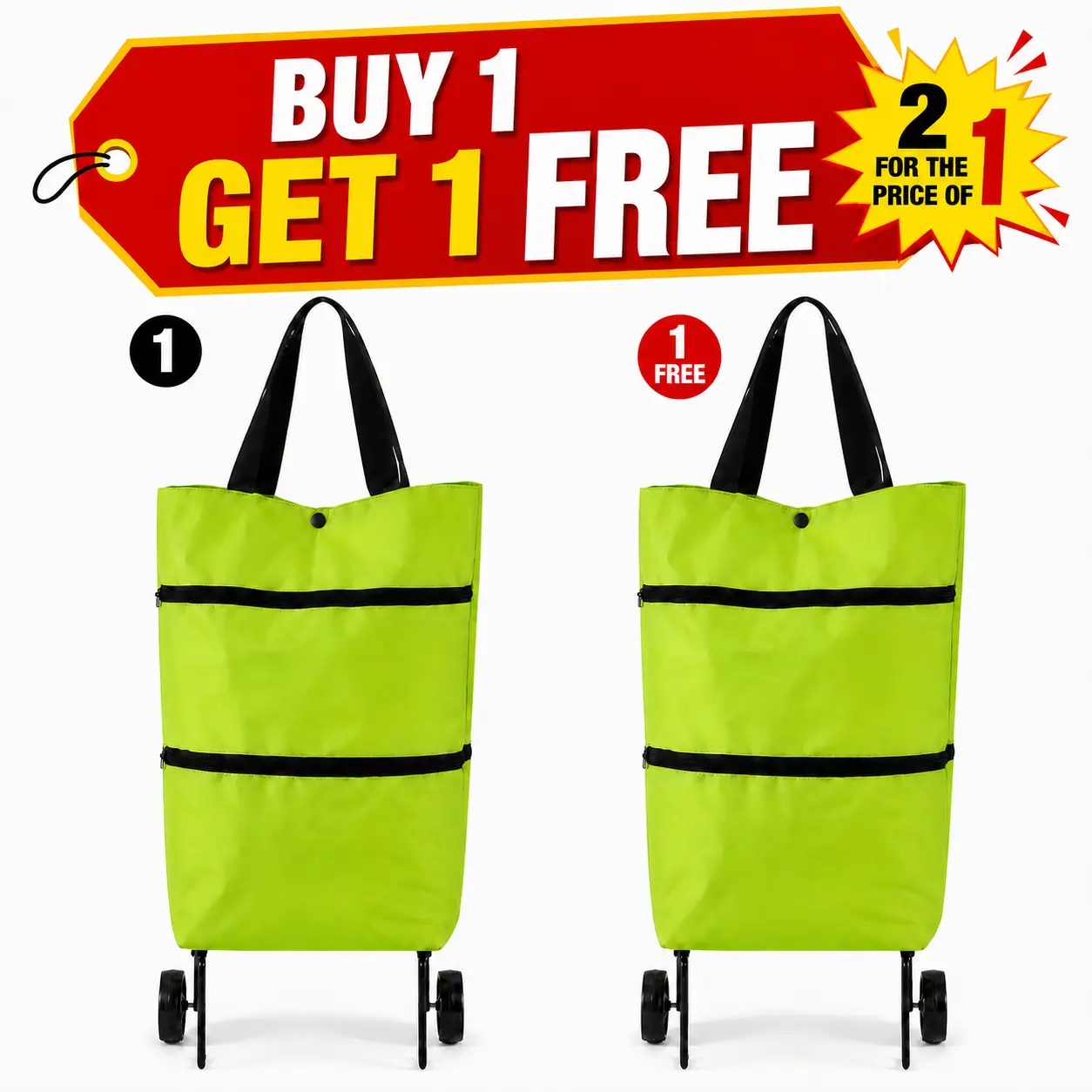 【BUY 1 GET 1 FREE】2 in 1 Foldable Shopping Trolley Bag with Wheels, Lightweight Grocery Bags Shopping Travel Bag on Wheels for Women or Men Travel Home Kitchen Supermarket