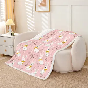 Feelyou Cute Bunny Flannel Fleece Kid Blanket - Soft Plush Fluffy Pink Sherpa, Floral Rabbit Theme Flannel Fleece Blanket for Sofa, Bed, Flannel Fleece Blankets