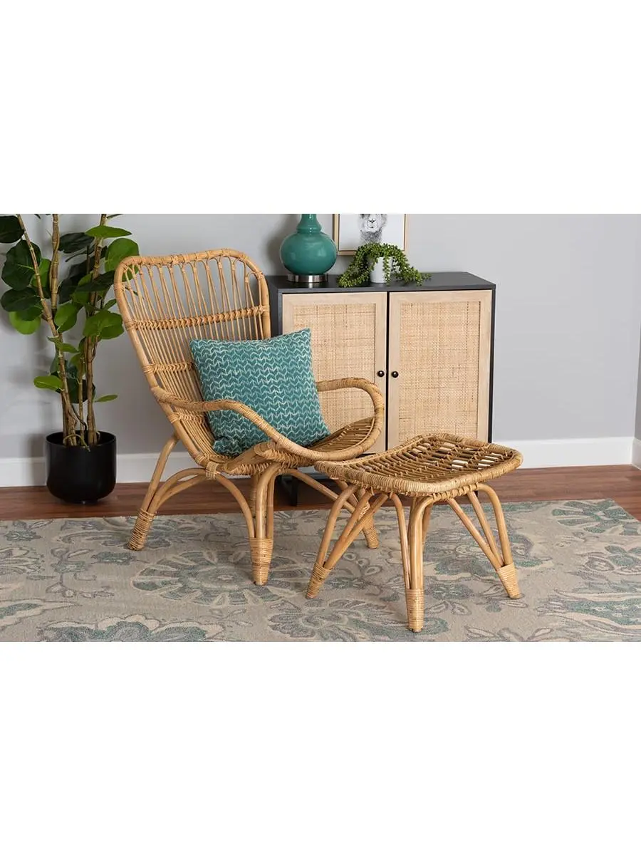 Baxton Studio 212 MAIN Modern Bohemian Ergonomic Natural Rattan 2-Piece Armchair & Footstool Set, Hand-Crafted Living Room Furniture, Fully Assembled, Openwork Frame, Rounded Back, Angled Legs, Indoor Wicker Rattan Set