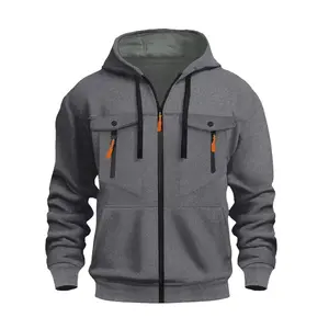 Men's Hooded Drawstring Jacket, Regular Fit Multi-Pocket Zip-Up Coat, Fashionable Zip Jacket, Casual Outerwear, Suitable for Spring and Autumn