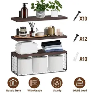 2 In 1 Floating Shelves Wall Mounted with Storage Basket Decor Organiser Frames