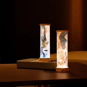 Oriental Serenity Night Light - Handcrafted Solid Wood Lamp with Chinese Ink Painting Design(Modern Zen Bedside Decor | Scholar's Study Inspired Ambient Lighting | Eco-Friendly Gift for Home & Office)