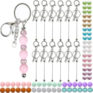 84 Pcs Beadable Keychains Set,Keychains Bulk for Keychain Making Accessories with Beadable Keychain Bar Silicone Beads Spacer Beads,Valentine's Day Gifts,Hand Tools Kits