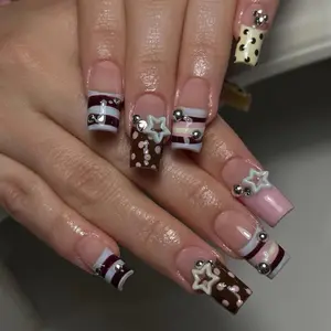 Press on Nails French Tip, Handmade Acrylic Press on French Tip Nails with Flower Designs，Long Square Nail Press Ons for Women 10 PCS