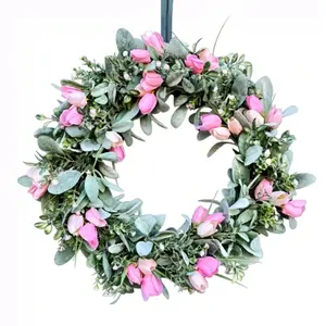 18-Inch Artificial Tulip Wreath, Mimosa Greenery Wreath, Spring Front Door Wreath, Farmhouse Style Home Wall Window Easter Decor, Versatile Seasonal Decor