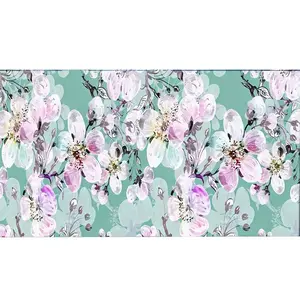 Light Wooden Desk with Floral Large Mouse Pad (Teal Background, Soft Pink/White Flowers & Green Leaves), White Computer Mouse, White Office Chair with Gray Accents, Near Window Sheer Curtains, White Cabinet, Small Potted Plant, Beige Shade Table La