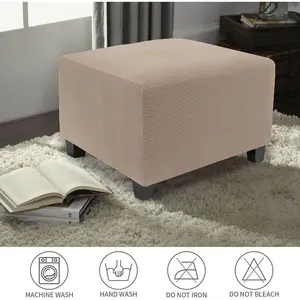 Stretch Ottoman Cover Square Soft Knitted Jacquard Washable Thick Storage Foot Stool Cover for Square and Rectangle Ottomans Khaki Large