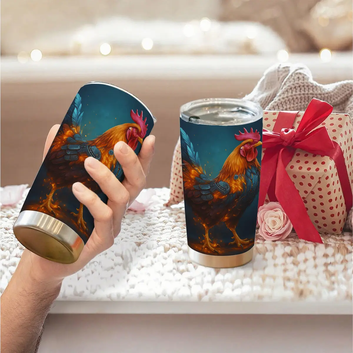 1pc 600ml Cyber Rooster Pattern 304 stainless steel large capacity travel mug.throw blanket. comfy throw blanket. 20oz insulated water bottle. chairs Ideal for Sci - Fi Enthusiasts and as a Unique Gift