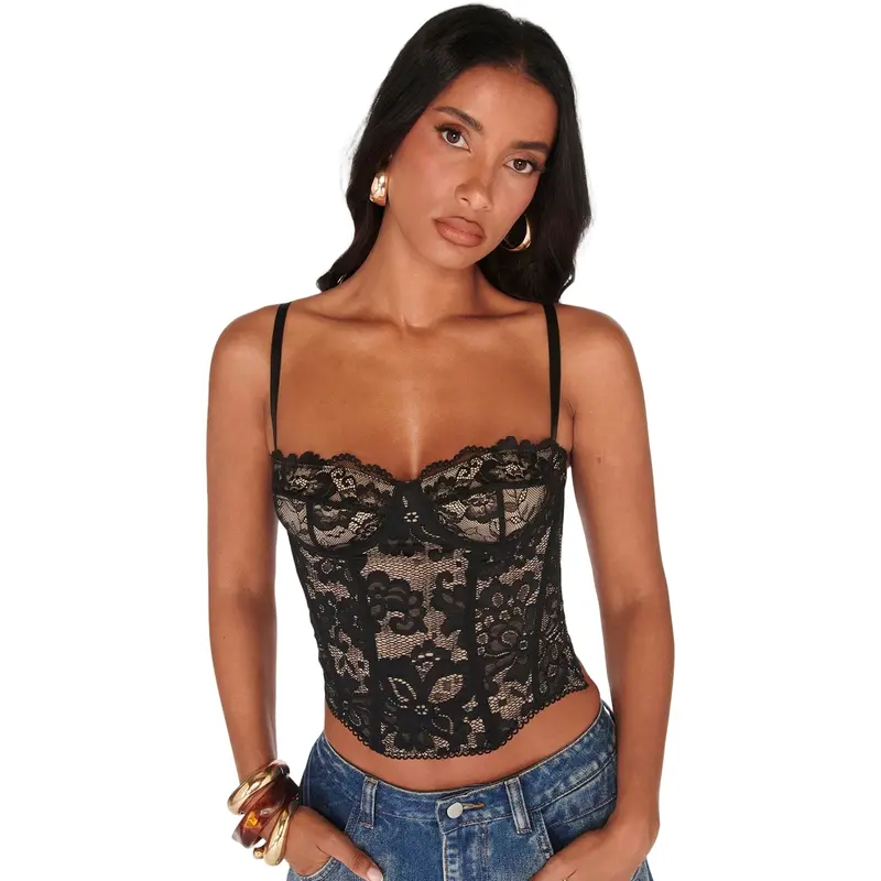Women's Breathable Lace Underwire Boned Corset Top - Black, Sleeveless, Spaghetti Strap, Short Crop, Sheer Floral, Chic Going Out Tops, Lace Tank (Ideal for Brunch, Date Night), Pretty Gifts