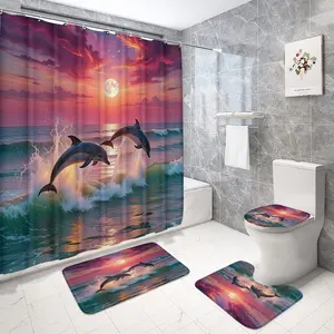 Sunset Dolphin Shower Curtain Set, Includes Toilet Mat, Bathroom Mat, U-Shaped Pad, Hooks, Essential Home Decor Accessories