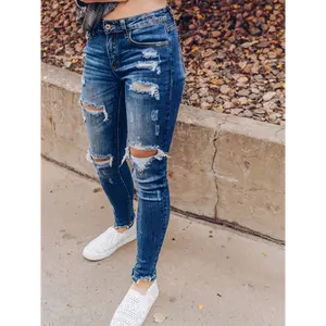 Distressed Skinny Jeans for Women - Mid-Rise Stretch Denim with Ripped Detailing, Blue with White Spray Paint Edges, Comfort Streetwear