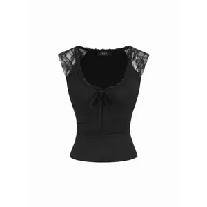 Cider Cotton-blend Scoop Neck Lace Panel Tie-front Tank Top