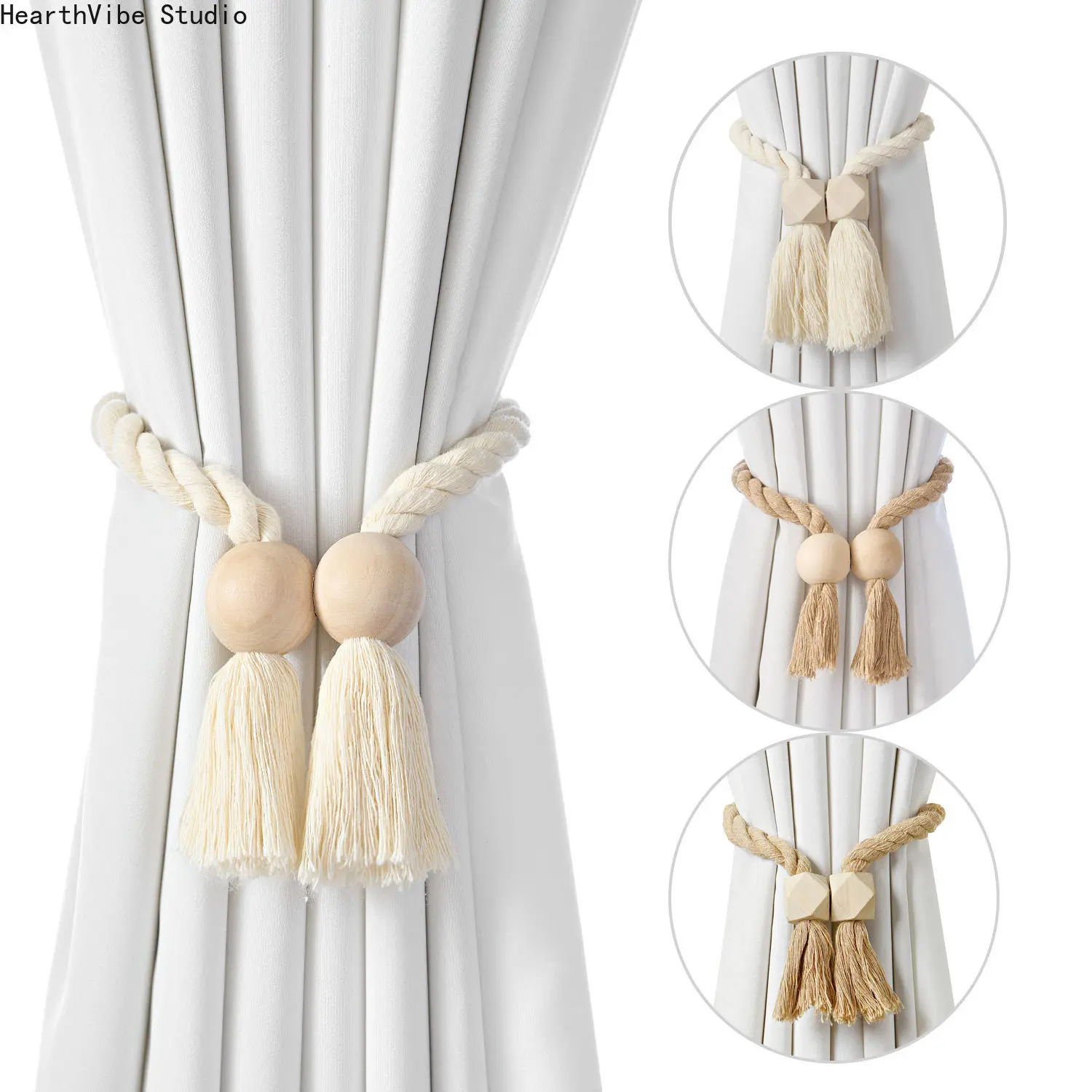 2Pcs Magnetic Wooden Tassel Window Curtain Curtain Holdbacks Bathroom Shower Curtain Accessories Home Decor Curtain Buckles
