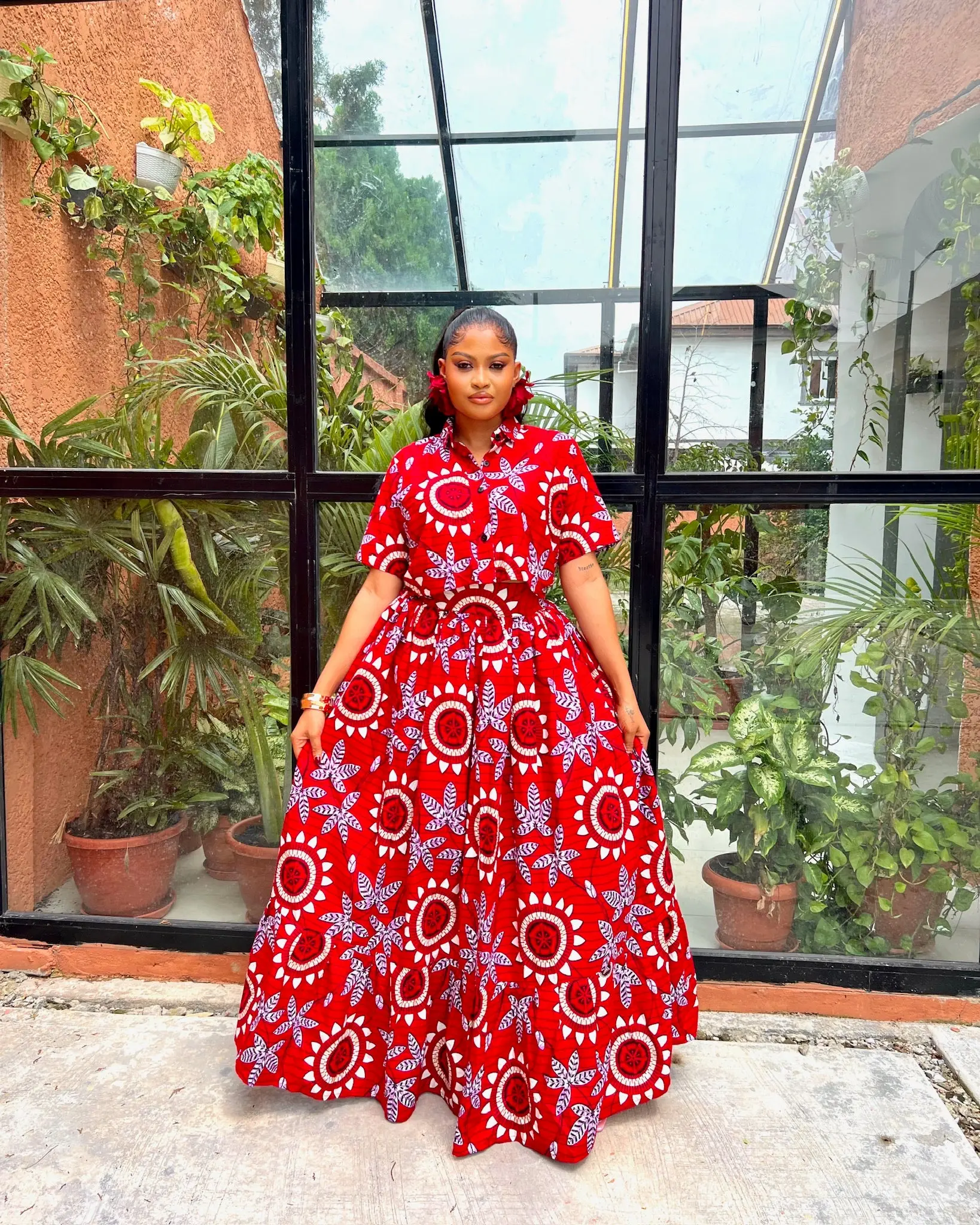 INDYA RED ANKARA PRINT SKIRT & BLOUSE SET. AFRICAN TWO-PIECE MAXI OUTFIT