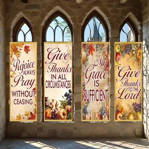 4 Pcs Religious Banners, Polyester Material Autumn Religious Vertical Hanging Banner Set Vintage Scripture Lettering with Fall Maple Leaf Harvest Pattern Suitable for Thanksgiving Church Gathering Home Living Room Prayer Corner Wall Decoration