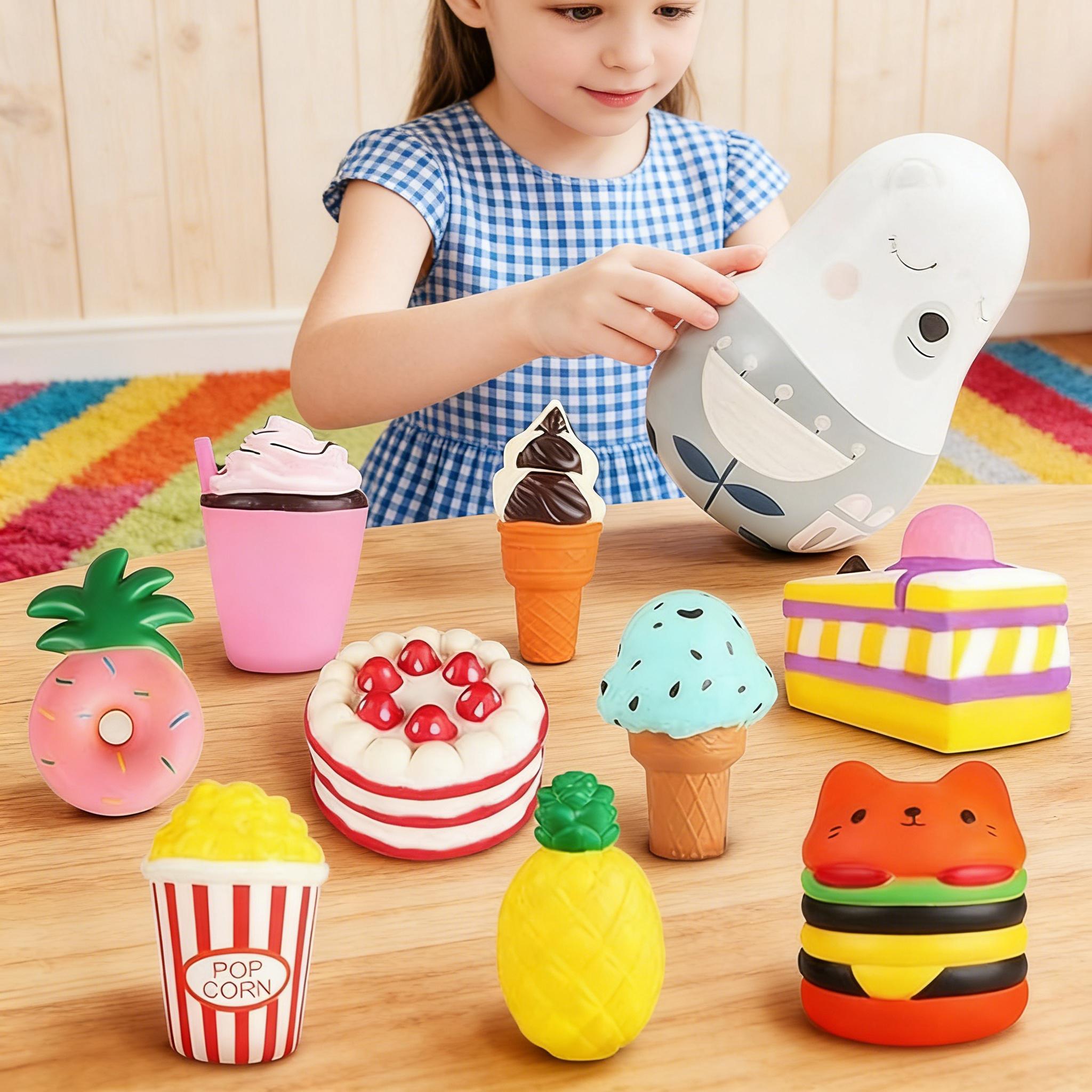 9-Pack Soft Squishy Toys Set – Hamburger, Popcorn, Cake, Ice Cream, Donut Shapes – Stress Relief Squeeze Toy for Boys and Girls