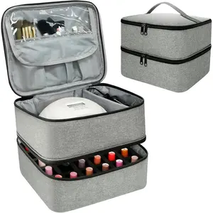 LIVEBAY Nail Polish Organizer Bag, Double-Layer Nail Supplies Organizer Holds 30 Bottles & Nail Lamp, Professional Nail Kit Storage Carrying Case (Gray)