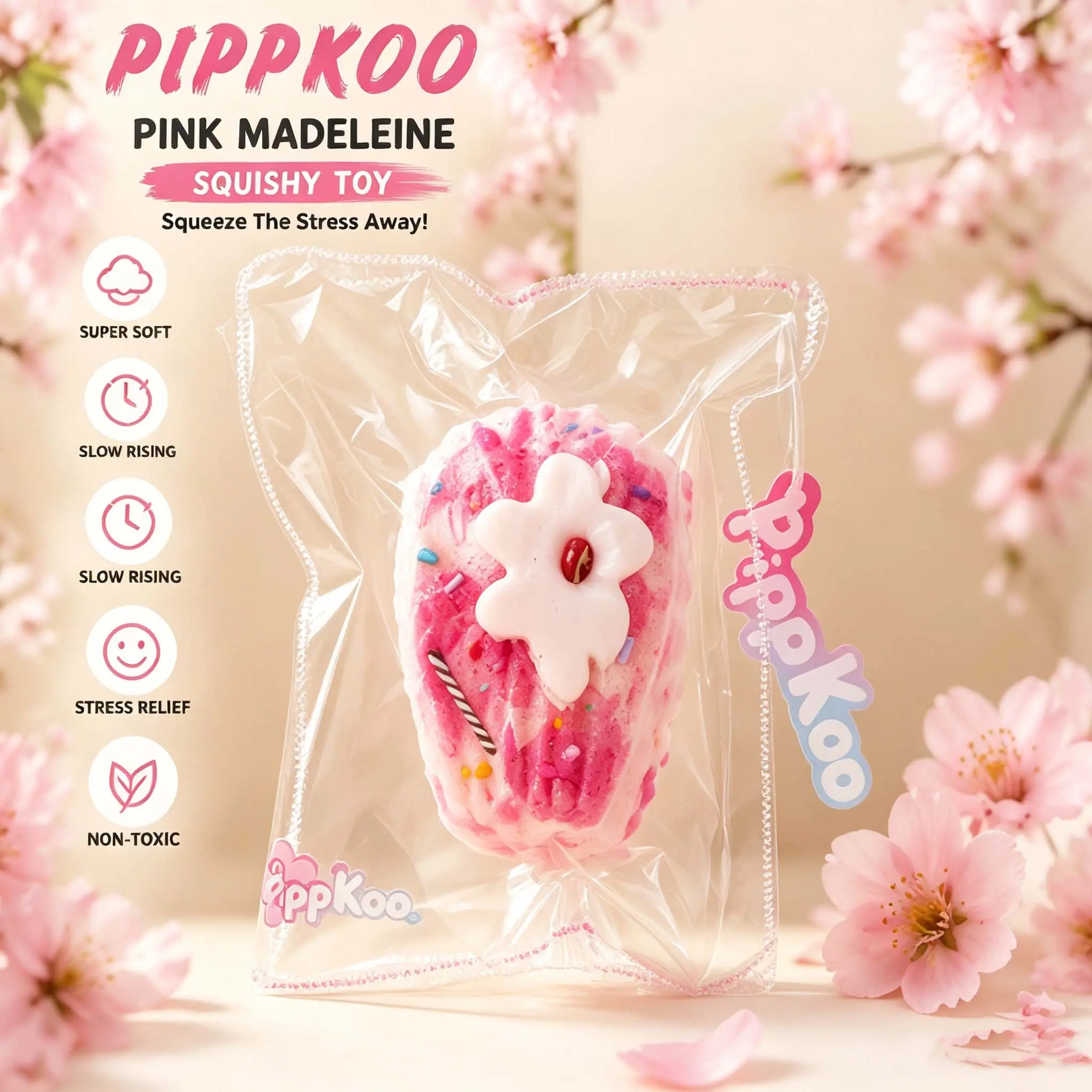 Pink Madeleine Squishy Toy, Cute Flower Dessert Squeeze Toy, Soft Slow Rising Kawaii Fidget Toy, Stress Relief Sensory Toy, Gift for Kids & Adults