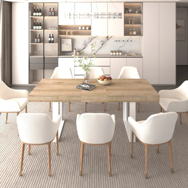 Extendable Dining Room Table for 6 8 10, Modern Farmhouse Wooden Kitchen Expanding Table, Long Large Expandable Dining Room Conference Table