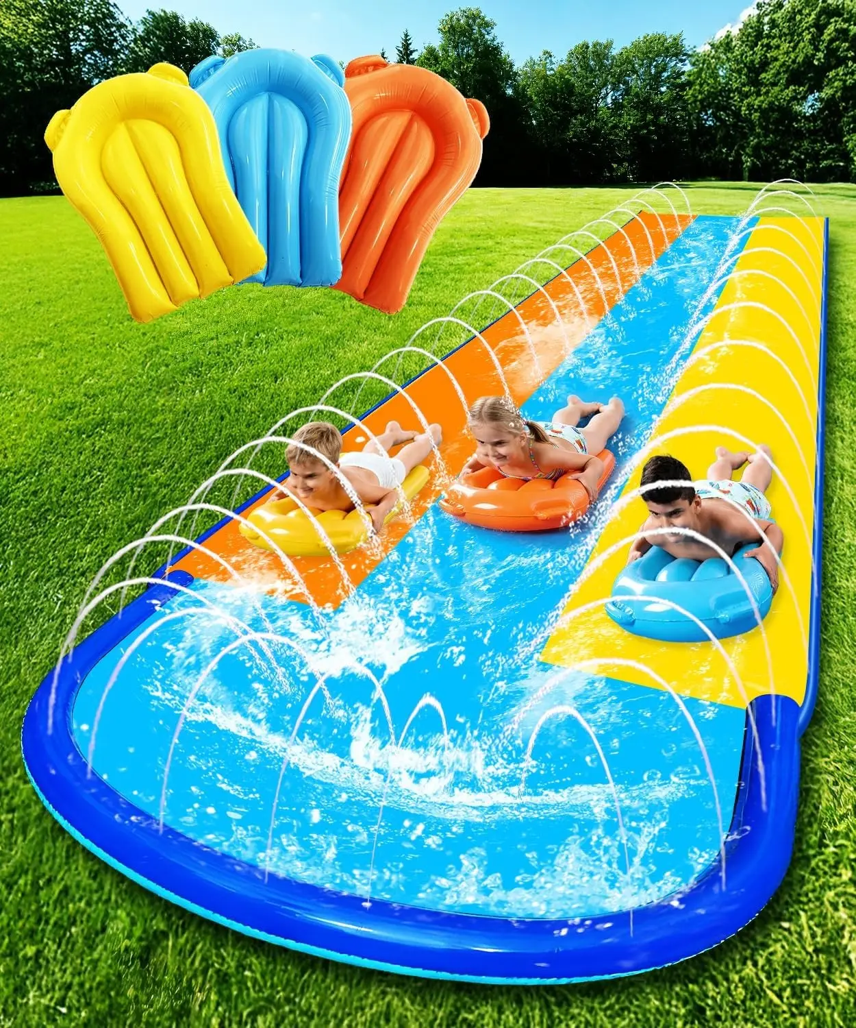 16ft x 82in Extra Long Wide 3-Lane Slip and Slide with 3 Bodyboards, Upgraded Surround Sprinkler System, Thickened PVC Water Slides for Kids Backyard Outdoor Fun