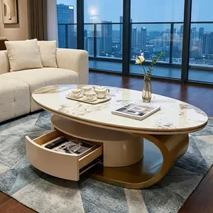 51 Inch Modern Oval Coffee Table, Luxury Marble Effect Tempered Glass Tabletop, Golden Stainless Steel Stable Base, Elliptical Sofa Side Table with One Storage Drawer, Easy Assembly Heavy Duty Accent Table for Living Room, Apartment Indoor Home Furniture