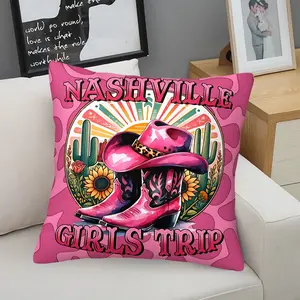 Retro Pink Cowboy Boots and Hat Graphic Design Throw Pillow, Vibrant Digital Print Cushion with Saguaro Cacti and Sunflowers, Perfect for Living Rooms, Bedrooms, Sofas, Chairs, and Travel, Includes Pillow Insert