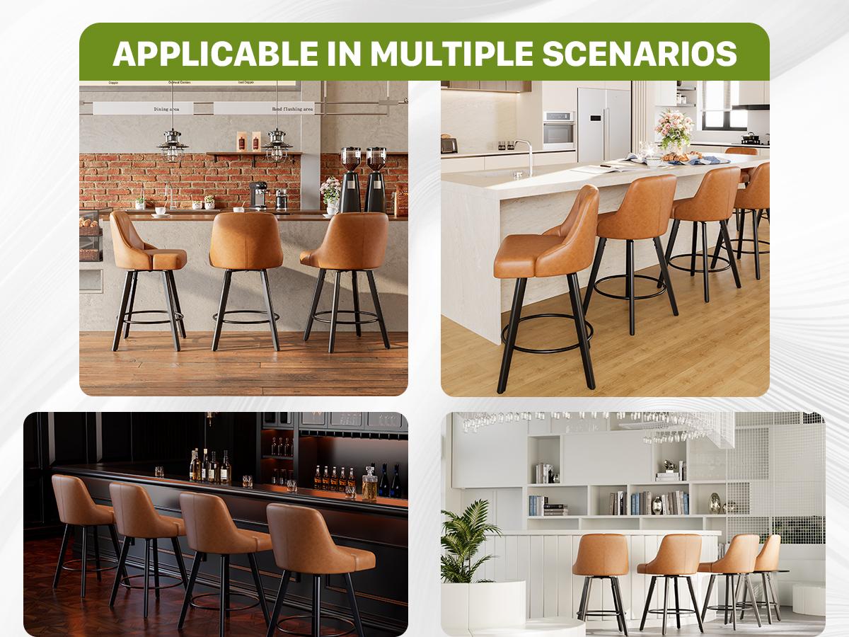 25" Swivel Bar Stools Set of 3 PU Leather Counter Height Bar Stools with Back, Fabric Swivel Counter Stool with Wooden Legs & Metal Footrest, Upholstered Bar Chairs for Kitchen Island, Bar, 350Lbs