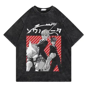 Japanese animation soul eater washed T-shirt men's summer street wear oversized old cotton versatile 1trendy men's clothing
