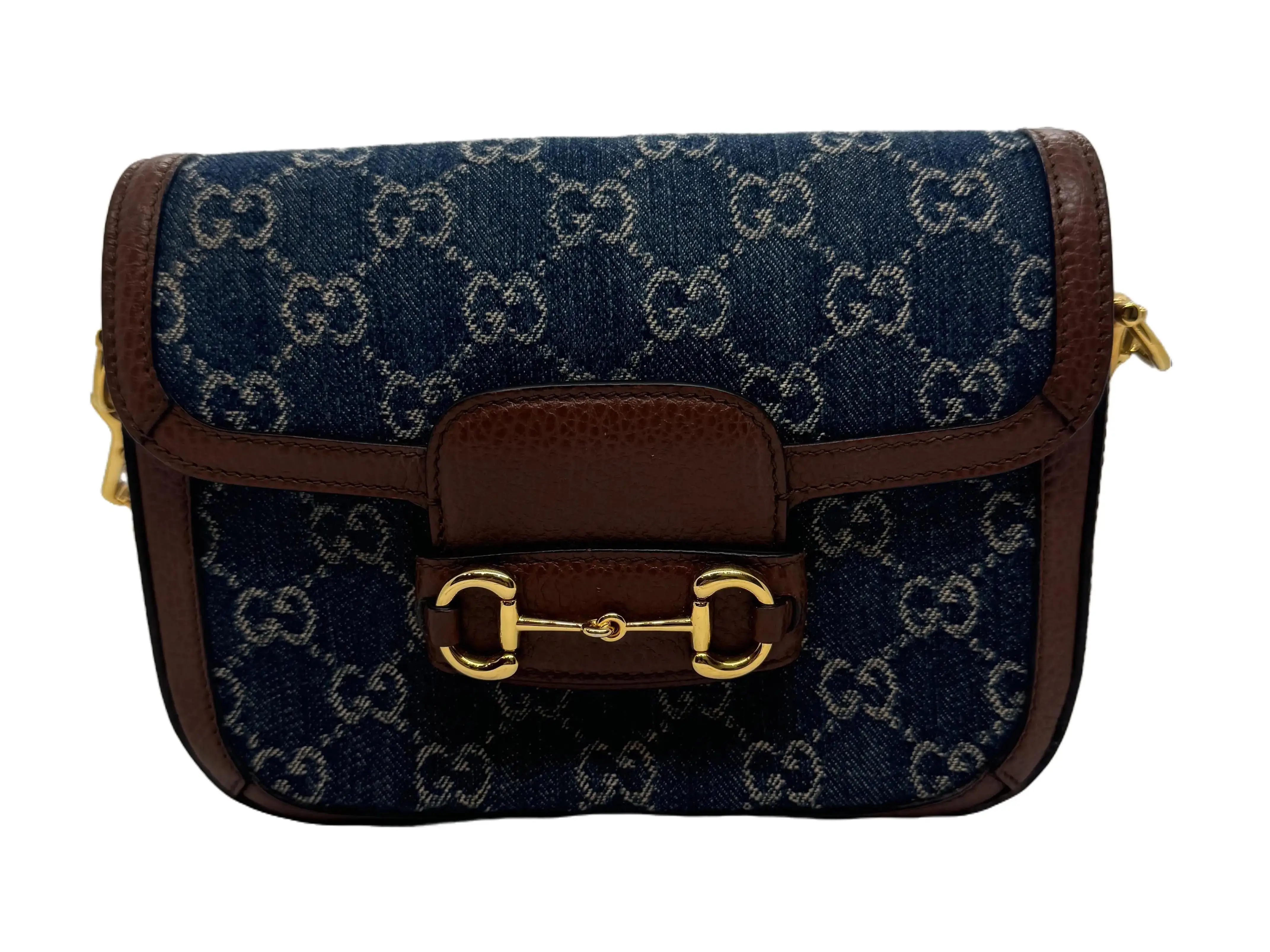 Pre-owned GUCCI leather and denim Shoulder Bags Denim GG Monogram Horsebit 1995 Shoulder Bag