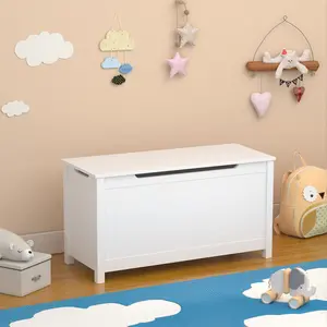 Kids Wooden Toy Box Storage with Safety Hinged Lid for Ages 2+ (White)    RR