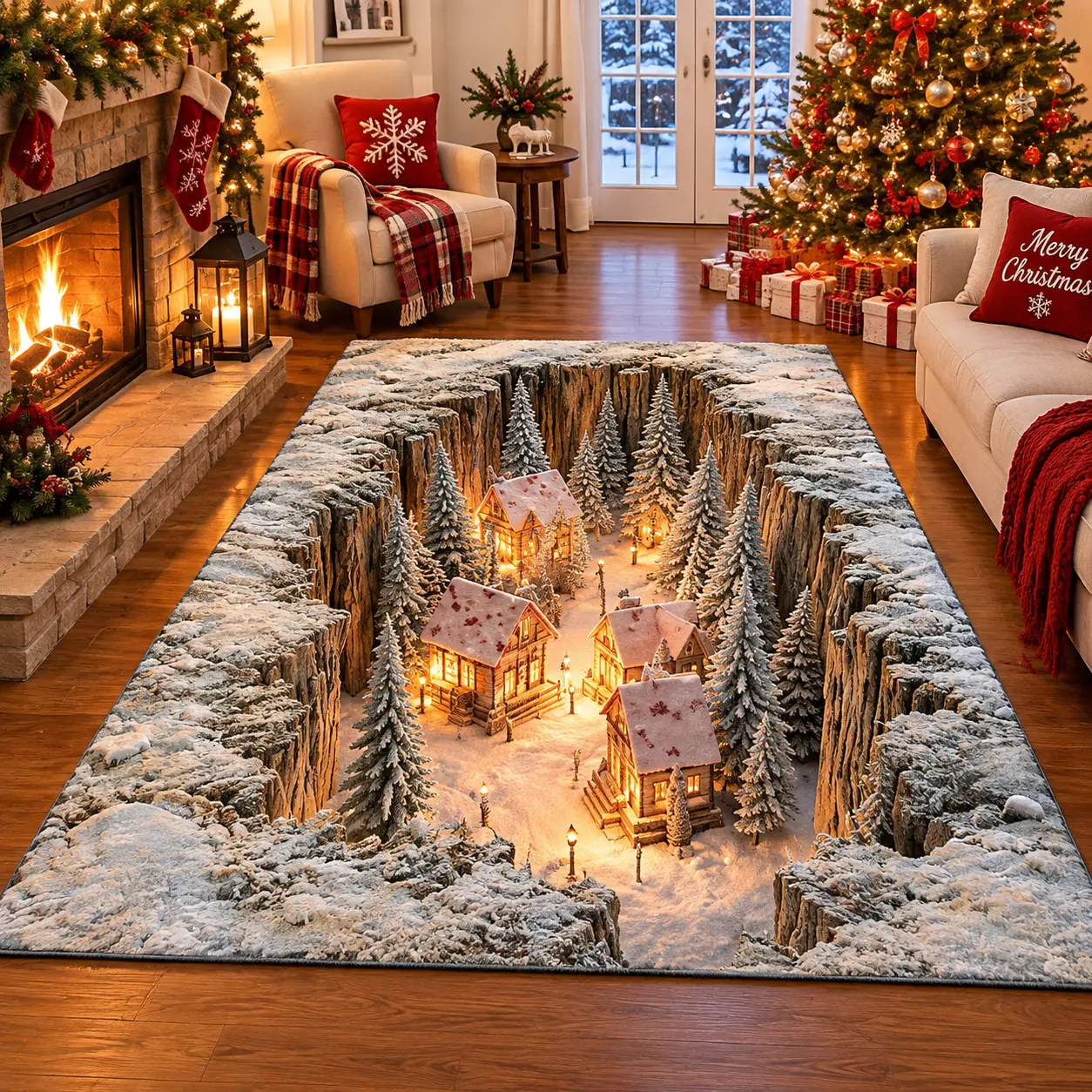 3D Christmas Village With Pink House Area Rug, Snowy Winter Wonderland Carpet with Cozy Illuminated Village Design, Blue White Ice Canyon Floor Mat, Festive Holiday Living Room Decor, Unique Christmas Gift for Home and Pet Lovers