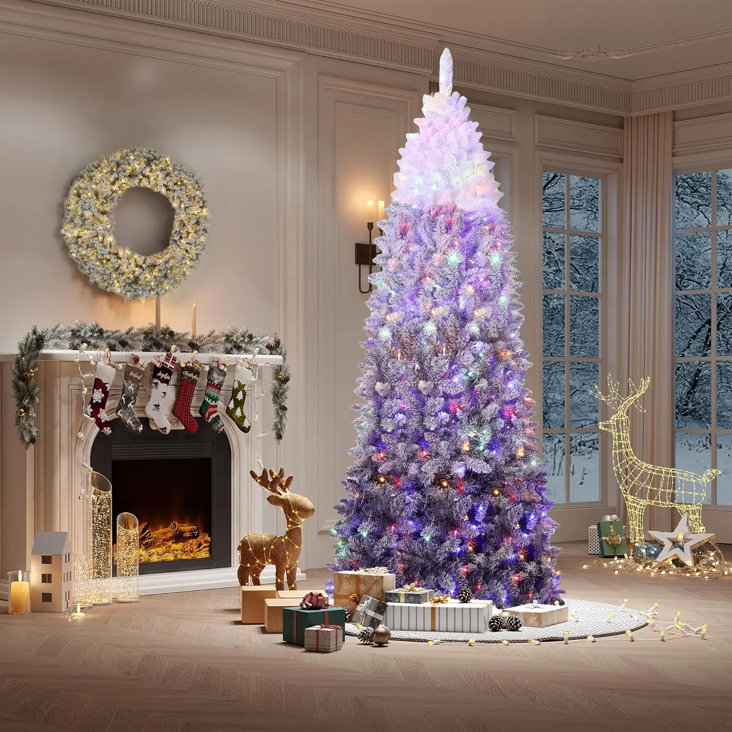7.5 ft Flocked PVC Artificial Pencil Christmas Tree - Fire Resistant, Easy Setup Slim Holiday Tree with White-Purple & Pink Gradient Metal Decorative Ornaments for Indoors Room Decor, No Light Source