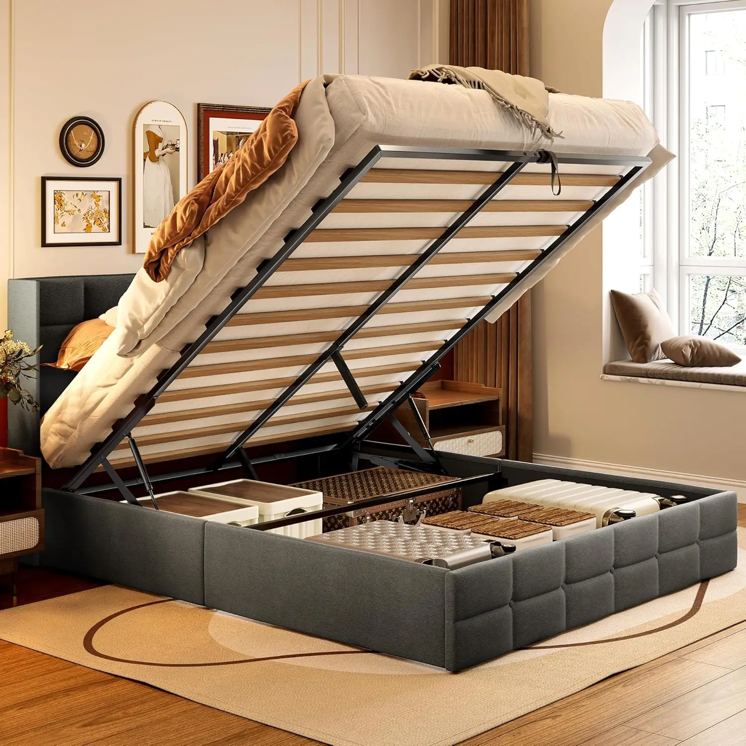 Gizoon Queen Lift Up Storage Bed with Storage, Upholstered Platform Bed Frame with Modern Wingback Headboard, Woodern Slats Support, Hydraulic Support