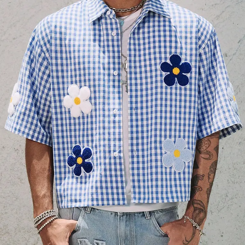 Men's Floral Embroidery Short Sleeve Checked Shirt, Casual Plaid Shirt, Regular Fit Casual Street Retro Fashion Gingham Checkered Grid Graphic Button Front Top for Summer Breathable, Men's Clothes for Daily Wear, Fitted, Menswear, Casual Trendy Shirt