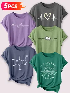 5PCS Heartbeat & Passion Themed Women's Casual Streetwear Short Sleeve Crew Neck Cotton T-Shirt Set – Bestselling Graphic Print, Multicolor, Machine Washable Spring & Summer Top, Soft Skin-Friendly Fabric, Daily Versatile, Fashion Design, Womenswear