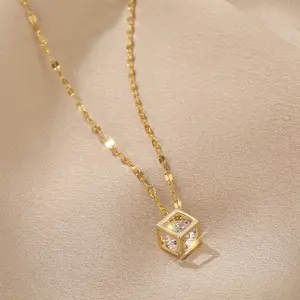 Women's Square Cubic Zircon Titanium Steel Necklace Minimalist Copper Pendant Light Luxury Stylish Clavicle Chain For Daily Wear
