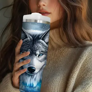 30oz Stainless Steel Water Bottle with Lid & Straw, Snow Wolf Print, Insulated Hot Cold Cup, Outdoor Travel Mug, Christmas Gift
